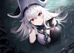 Rule 34 | 1girl, :3, arknights, black dress, black hat, breasts, chain, commentary, dress, from above, hair between eyes, hat, highres, large breasts, long hair, looking at viewer, official alternate costume, partially submerged, red eyes, solo, specter (arknights), specter the unchained (arknights), two-tone dress, upper body, very long hair, water, white dress, white hair, yan kodiac