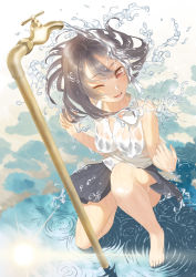 Rule 34 | 1girl, barefoot, brown hair, faucet, from above, highres, kneeling, one eye closed, original, pleated skirt, red eyes, ripples, see-through, skirt, smile, solo, throtem, water, wet, wet clothes