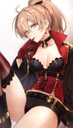 Rule 34 | 1girl, ahoge, azur lane, belt, black choker, black coat, black footwear, black shorts, boots, breasts, brown hair, choker, cleavage, closed mouth, coat, collarbone, corset, dated, earrings, feet out of frame, finger to mouth, gloves, hair between eyes, highres, jean bart (azur lane), jewelry, knee boots, knee up, long hair, looking at viewer, matori (penguin batake), medium breasts, open clothes, open coat, ponytail, red eyes, red gloves, short shorts, shorts, signature, sitting, skull, smile, solo, striped clothes, striped thighhighs, thighhighs, thighs, twitter username, vertical-striped clothes, vertical-striped thighhighs