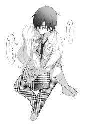 Rule 34 | 1boy, 1girl, blush, closed mouth, collared shirt, earrings, gakuen alice, greyscale, hair between eyes, hetero, houndstooth, hyuuga natsume, jewelry, monochrome, necktie, no shoes, nose blush, ouri (aya pine), pants, parted bangs, pleated skirt, print pants, print skirt, sakura mikan, shirt, simple background, sitting, sitting on lap, sitting on person, skirt, socks, sweat, translation request, white background