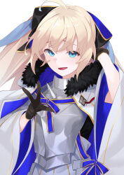 Rule 34 | 1girl, absurdres, aesc (fate), aesc (savior) (fate), ahoge, armor, armored dress, black bow, black gloves, blonde hair, blue eyes, blue ribbon, bow, breastplate, cape, cloak, dress, fate/grand order, fate (series), fur-trimmed cloak, fur trim, gloves, hair bow, highres, long hair, long sleeves, looking at viewer, multicolored cloak, open mouth, ornament, ponytail, ribbon, shimaa482, smile, solo, spiked armor, two-sided bow, two-tone sleeves, v, white cape, white cloak