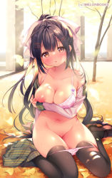 Rule 34 | 1girl, arm under breasts, bare shoulders, black hair, black thighhighs, blush, bow, bra, breast lift, breasts, brown eyes, brown footwear, cleft of venus, collarbone, commentary request, ginkgo leaf, green skirt, groin, hair bow, hair ornament, hairclip, head tilt, large breasts, leaf, loafers, long hair, looking at viewer, navel, nipples, off shoulder, one breast out, open clothes, open shirt, original, panties, panty pull, parted lips, pink bra, pink panties, piyodera mucha, plaid, plaid skirt, pleated skirt, pussy, pussy peek, shirt, shoes, sitting, skirt, skirt around one leg, sleeves past wrists, solo, thighhighs, tree, uncensored, underwear, very long hair, wariza, white bow, white shirt, x hair ornament