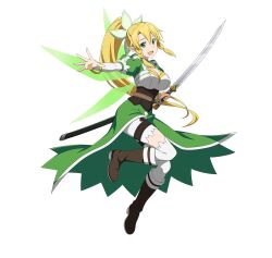 Rule 34 | 10s, 1girl, blonde hair, breasts, cleavage, collar, collarbone, full body, green eyes, hair ornament, highres, holding, holding sword, holding weapon, large breasts, leafa, long hair, official art, pointy ears, ponytail, simple background, solo, sword, sword art online, sword art online: code register, weapon, white background, white legwear
