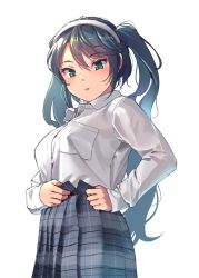 Rule 34 | 10s, 1girl, blue hair, bra, breasts, dress shirt, dressing, from below, green eyes, hairband, highres, isuzu (kancolle), kantai collection, long hair, long sleeves, looking at viewer, medium breasts, open fly, parted lips, plaid, plaid skirt, pleated skirt, satsuki neko, see-through, shirt, simple background, skirt, sleeves past wrists, solo, twintails, underwear, white background