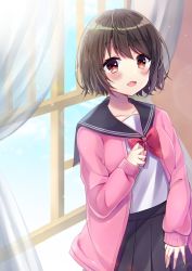 Rule 34 | 1girl, :d, bad id, bad pixiv id, black sailor collar, black skirt, blue sky, blush, bow, bowtie, brown hair, cardigan, cloud, collarbone, commentary request, curtains, day, fang, hair between eyes, highres, indoors, long sleeves, minami saki, open cardigan, open clothes, open mouth, original, pink cardigan, pleated skirt, red bow, red bowtie, red eyes, sailor collar, school uniform, serafuku, shirt, skirt, sky, sleeves past wrists, smile, solo, transparent, white shirt, window