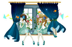 Rule 34 | 3girls, :o, blonde hair, blue eyes, blue flower, blunt bangs, braid, brown hair, closed eyes, closed mouth, collared dress, curtains, dress, fish, flower, food, green dress, green footwear, hair flower, hair ornament, holding, holding food, holding popsicle, leaf, multiple girls, nona drops, open mouth, orange eyes, original, pink flower, popsicle, ribbon, siblings, simple background, sitting, swept bangs, twin braids, twins, watermelon bar, white background, window, yellow ribbon