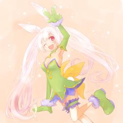 Rule 34 | 1girl, animal ears, blush, rabbit ears, rabbit tail, dress, fairy wings, highres, kirara ookami, long hair, one eye closed, pink hair, pop-up story, rabbit girl, red eyes, smile, solo, tail, twintails, vetica, white hair, wings