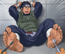 Rule 34 | 1boy, 1other, bandages, bara, barefoot, beard, black hair, blue pants, bound, bound wrists, bulge, cuffs, dirty, facial hair, feet, foot focus, tickling feet, forehead protector, full body, green vest, konohagakure symbol, male focus, muscular, naruto (series), pants, pelvic curtain, sarutobi asuma, short hair, sleeves rolled up, solo, spread legs, tearing up, tetsu (kurotetsu1379), thick thighs, thighs, toothbrush, vest