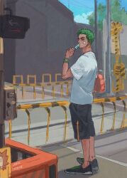 Rule 34 | 1boy, bandage on face, bandaged ankle, bandages, black footwear, black shorts, colored skin, earrings, eating, errrrrliao ge ai, food, food in mouth, green wristband, highres, holding, holding food, holding popsicle, jewelry, looking at viewer, male focus, one piece, outdoors, popsicle, popsicle in mouth, railroad crossing, railroad tracks, roronoa zoro, shirt, shoes, short sleeves, shorts, single earring, sneakers, solo, standing, tan, white shirt, wristband