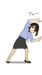 Rule 34 | 1girl, blouse, blue shirt, brown hair, brown pantyhose, douki-chan (douki-chan), fusion dance, ganbare douki-chan, grey skirt, highres, id card, leaning to the side, office lady, pantyhose, pencil skirt, pointing, pointing to the side, see-through, see-through legwear, shirt, sidelocks, simple background, skirt, solo, translated, white background, yomu (sgt epper)