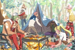 Rule 34 | 2girls, 4boys, bird, blonde hair, bottle, brown coat, brown hair, chain necklace, closed mouth, coat, cooking, fire, firewood, food, forest, gloves, green hair, green shirt, hand on own hip, hat, headphones, helmeppo, hibari (one piece), highres, jewelry, koby (one piece), kujaku (one piece), long hair, medium hair, mocchi (mkz), multiple boys, multiple girls, nature, necklace, one piece, open clothes, open mouth, outdoors, peaked cap, pink gloves, pink hair, pink headwear, ponytail, prince grus, red shirt, sausage, scissors, seagull, shirt, short hair, sitting, smile, standing, stuffed animal, stuffed toy, sunglasses, teddy bear, tent, water bottle, white shirt, x drake