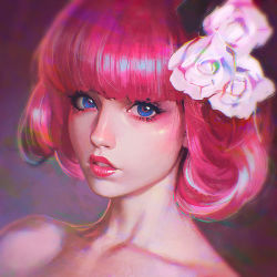 Rule 34 | 1girl, anastasia ditmar, bare shoulders, blue eyes, blunt bangs, flower, hair flower, hair ornament, ilya kuvshinov, lips, lipstick, looking at viewer, makeup, parted lips, photorealistic, pink hair, portrait, real life, realistic, rose, short hair, simple background, solo, thick lips, upper body, white flower, white rose