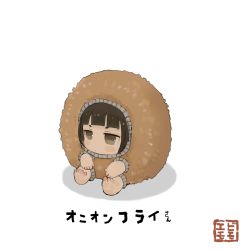 Rule 34 | 1girl, artist logo, barefoot, blush stickers, brown eyes, brown hair, ebimomo, food, original, signature, simple background, sitting, soles, solo, translation request, white background
