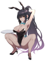 Rule 34 | 1girl, absurdres, animal ears, arm up, armpits, ass, bad id, bad pixiv id, bare shoulders, black footwear, black hair, black leotard, blue archive, blue bow, blue bowtie, bobby36446329, bow, bowtie, closed mouth, covered navel, curvy, dark-skinned female, dark skin, detached collar, fake animal ears, fishnet pantyhose, fishnets, flexible, full body, gloves, gradient hair, high heels, highres, holding, holding tray, huge ass, karin (blue archive), karin (bunny) (blue archive), leotard, long hair, looking at viewer, multicolored hair, orange eyes, pantyhose, playboy bunny, ponytail, purple hair, rabbit ears, shiny clothes, shiny skin, sidelocks, solo, spread legs, squatting, strapless, strapless leotard, thong leotard, traditional bowtie, tray, very long hair, white gloves, wide hips