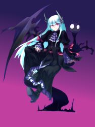 Rule 34 | 1girl, black dress, black footwear, blue hair, blunt bangs, bow, closed mouth, dress, fang, floating, frills, gradient background, headwear request, highres, long hair, marupon, original, purple eyes, red bow, slit pupils, smile, solo, wings