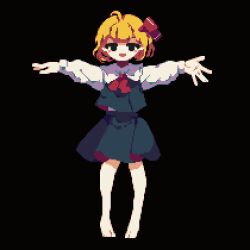 Rule 34 | 1girl, 4qw5, :d, ascot, barefoot, black background, black vest, blonde hair, full body, hair ribbon, long sleeves, looking at viewer, open mouth, outstretched arms, pixel art, red ascot, red ribbon, ribbon, rumia, shirt, short hair, simple background, smile, solo, touhou, vest, white shirt