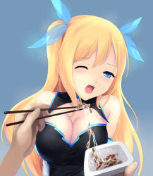 Rule 34 | 1girl, aizawa hikaru, bare shoulders, blonde hair, blue eyes, blush, breasts, cait aron, chopsticks, cleavage, detached sleeves, feeding, food, hair ornament, large breasts, long hair, microsoft, nattou, one eye closed, open mouth, os-tan, pov feeding, shirt, silverlight, simple background, solo, solo focus, taut clothes, taut shirt, wince, wink