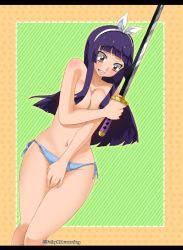 Rule 34 | 1girl, angry, arm across chest, armpits, assisted exposure, bare shoulders, between legs, black kimono, blue panties, blush, body blush, border, bow, breasts, breasts squeezed together, brown eyes, clenched teeth, colorized, embarrassed, eyelashes, fairy tail, female focus, fingernails, green background, hair bow, hair ornament, hair ribbon, hand between legs, hime cut, holding, holding sword, holding weapon, japanese clothes, kagura mikazuchi, katana, kimono, large breasts, legs together, long hair, mashima hiro, navel, neck, no bra, open mouth, outdoors, pale skin, panties, panties only, purple hair, ribbon, shiny skin, side-tie panties, side-tie thong, sidelocks, simple background, standing, sweat, sweatdrop, sword, teeth, thighs together, thong, topless, torn clothes, traditional clothes, underwear, underwear only, v-shaped eyebrows, wardrobe malfunction, weapon, white bow, white ribbon, yellow border