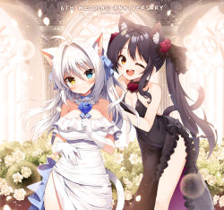 Rule 34 | 2girls, ;d, aina rive, animal ear fluff, animal ears, anniversary, bare arms, bare shoulders, black bow, black dress, black hair, blue bow, blue eyes, blue flower, blue rose, blush, bow, breasts, cat ears, cat girl, cat tail, cleavage, closed mouth, commentary, dress, english commentary, flower, frilled dress, frills, gloves, hair bow, hair flower, hair ornament, hand up, heterochromia, long hair, mauve, medium breasts, multiple girls, off-shoulder dress, off shoulder, one eye closed, open mouth, original, red eyes, red flower, rose, sleeveless, sleeveless dress, smile, standing, tail, twintails, very long hair, white dress, white flower, white gloves, white hair, yellow eyes
