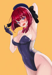 Rule 34 | 1girl, arima kana, armpits, bad id, bad pixiv id, bare hips, beret, blush, bow, breasts, cleavage, gloves, hair bow, hat, highres, leotard, medium breasts, open mouth, oshi no ko, playboy bunny, red bow, red eyes, red hair, s (pixiv97180854), short hair, simple background, solo