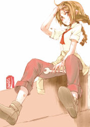 Rule 34 | 1girl, braid, brown eyes, brown hair, clothes around waist, coca-cola, female focus, grin, jacket, jacket around waist, kuronuko neero, long hair, pants, product placement, rika (touhou), sitting, smile, solo, touhou, touhou (pc-98), twin braids, twintails, wrench