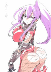 Rule 34 | 1girl, ass, breasts, closed mouth, dragon yukano, fishnets, gloves, japanese clothes, large breasts, long hair, looking at viewer, ninja, ninja slayer, purple eyes, purple hair, scarf, simple background, solo, tukiwani, white background