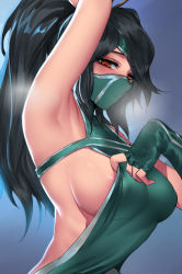 Rule 34 | 1girl, akali, akali (legacy), areola slip, arm over head, armpit focus, armpits, black hair, breasts, brown eyes, clothes pull, commentary request, covered mouth, dress pull, fingerless gloves, gloves, green gloves, large breasts, league of legends, long hair, mask, ninja, pd (pdpdlv1), ponytail, sideboob, solo