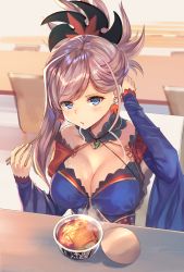Rule 34 | 1girl, blue eyes, blush, breasts, brown hair, chair, chopsticks, cleavage, collarbone, cup ramen, donbee (food), donbei kitsune udon, fate/grand order, fate (series), food, highres, holding, holding chopsticks, hopepe, instant udon, large breasts, looking at viewer, medium hair, miyamoto musashi (fate), miyamoto musashi (third ascension) (fate), nissin donbei, noodles, parted lips, sitting, solo, table, udon, upper body