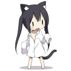Rule 34 | 1girl, animal ears, apron, barefoot, black eyes, blush, cat ears, cat tail, chibi, dress shirt, full body, k-on!, kohinata sora, long hair, lowres, nakano azusa, naked shirt, open mouth, shirt, simple background, sleeves past wrists, solo, standing, tail, twintails, white background, | |