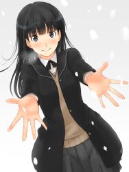 1girl absurdres amagami ayatsuji_tsukasa black_bow black_bowtie black_eyes black_hair black_jacket black_sailor_collar blunt_bangs blush bow bowtie clenched_teeth commentary cowboy_shot grey_skirt highres jacket kibito_high_school_uniform long_hair long_sleeves palms pleated_skirt reaching reaching_towards_viewer sailor_collar school_uniform skirt snowing solo straight_hair sweater_vest takenoko_saba_otto teeth winter_uniform yellow_sweater_vest