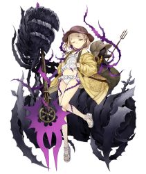 Rule 34 | 1girl, backpack, bag, blonde hair, briar rose (sinoalice), child, flat chest, frills, full body, giant hand, hat, hip bones, jacket, ji no, looking at viewer, navel, off shoulder, official art, one eye closed, polearm, ribbon, sandals, sinoalice, solo, stuffed toy, swimsuit, tattoo, thorns, transparent background, trident, weapon, yellow eyes