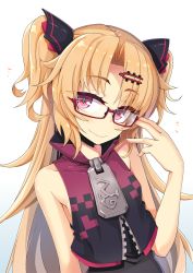 Rule 34 | 1girl, akatsuki uni, bare arms, bare shoulders, black shirt, brown hair, closed mouth, collarbone, fang, glasses, gradient background, hair ornament, hairclip, hand up, high collar, highres, long hair, looking at viewer, ogami kazuki, purple eyes, red-framed eyewear, semi-rimless eyewear, shirt, sleeveless, smile, solo, two side up, under-rim eyewear, uni create, upper body, virtual youtuber, white background, zipper pull tab