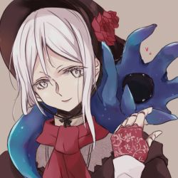 Rule 34 | 1girl, bloodborne, bonnet, cloak, doll joints, eldritch abomination, hat, hunter (great one) (bloodborne), joints, maromi (am97), plain doll, scarf, smile, spoilers, white eyes, white hair