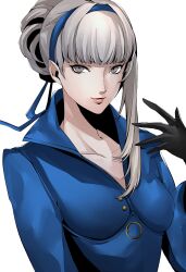 Rule 34 | 1girl, absurdres, black gloves, blue dress, blue hairband, blue ribbon, blunt bangs, breasts, collarbone, dress, gloves, grey eyes, grey hair, grin, hair ribbon, hairband, highres, lips, long sleeves, looking at viewer, medium breasts, merope (p5x), parted lips, persona, persona 5, persona 5: the phantom x, pertex 777, pink lips, ribbon, simple background, single sidelock, smile, solo, white background