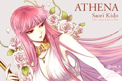 Rule 34 | 1girl, athena (saint seiya), bare shoulders, breasts, character name, cleavage, collar, commentary, copyright name, dress, flower, hair ornament, holding, holding staff, jewelry, kido saori, kuori chimaki, large breasts, lips, long hair, looking to the side, necklace, purple hair, rose, saint seiya, saint seiya saintia sho, signature, solo, sparkle, staff, twitter username, upper body, white dress, white flower, white rose