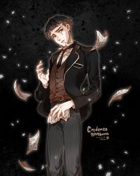 Rule 34 | 1boy, bad id, bad pixiv id, belt, black background, black eyes, black hair, character name, credence barebone, crying, dated, fantastic beasts and where to find them, harry potter (series), male focus, necktie, nyangsam, open mouth, solo, vest, wizarding world