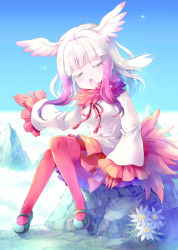Rule 34 | 10s, 1girl, absurdres, blunt bangs, closed eyes, day, flower, frilled sleeves, frills, fur collar, gloves, gradient hair, head wings, highres, japanese crested ibis (kemono friends), kemono friends, long hair, mary janes, multicolored hair, music, open mouth, orange skirt, outdoors, pantyhose, purple hair, red gloves, red pantyhose, shoes, sidelocks, singing, sitting, skirt, solo, white flower, white hair, wings, yamadori ofuu