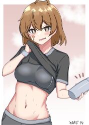Rule 34 | 1girl, absurdres, ahoge, alternate costume, bandaid, bandaid on face, bottle, breasts, brown eyes, brown hair, grey shirt, highres, kantai collection, medium breasts, midriff, navel, notice lines, oboro (kancolle), open mouth, shirt, short hair, smile, solo, sports bra, tokiwa senkei, wristband