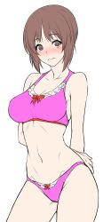 Rule 34 | 10s, 1girl, absurdres, arms behind back, bikini, blush, bow, bow bikini, breasts, brown eyes, brown hair, cowboy shot, embarrassed, girls und panzer, highres, looking at viewer, matching hair/eyes, medium breasts, nishizumi miho, pink bikini, short hair, simple background, solo, swimsuit, white background, zucchini