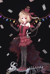 Rule 34 | 1girl, alternate costume, alternate headwear, ascot, black background, black gloves, black pantyhose, blonde hair, blood, blood on face, bow, card, chain, crystal, dress, elbow gloves, flandre scarlet, flower, full body, gloves, hat, hat ribbon, layered dress, mary janes, pantyhose, playing card, pocket watch, print pantyhose, red dress, red eyes, ribbon, rose, shoes, short hair, side ponytail, simple background, skeleton, sleeveless, smile, solo, striped, stuffed animal, stuffed rabbit, stuffed toy, top hat, touhou, vertical stripes, vikramjoti, watch, wings