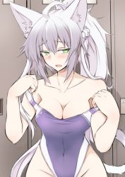 Rule 34 | 1girl, agrius metamorphosis, ahoge, alternate costume, animal ear fluff, animal ears, atalanta (fate), atalanta alter (fate), bare shoulders, blue one-piece swimsuit, braid, breasts, cat ears, cat tail, cleavage, collarbone, commentary request, covered navel, cowboy shot, embarrassed, fate/grand order, fate (series), green eyes, grey hair, hair between eyes, half-closed eyes, indoors, large breasts, long hair, nahu, one-piece swimsuit, open mouth, parted bangs, pulled by self, solo, standing, swimsuit, tail, upper body, white hair, wide hips