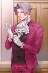 Rule 34 | 1boy, ace attorney, ascot, chizuma, formal, gloves, grey eyes, grey hair, indoors, jacket, long sleeves, male focus, miles edgeworth, putting on gloves, red jacket, solo, vest