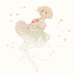 Rule 34 | 1girl, :d, ^ ^, bare shoulders, barefoot, blonde hair, dress, closed eyes, fate/prototype, fate (series), frilled dress, frills, guilty, open mouth, petals, sajou manaka, smile, solo, tattoo, tsumi guilty