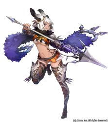 Rule 34 | 1girl, animal ears, boots, rabbit ears, company name, dark skin, dark-skinned female, full body, fur trim, highres, lipstick, makeup, midriff, nail polish, navel, official art, polearm, purple eyes, simple background, solo, sonia (valkyrie connect), spear, tan, tattoo, teeth, thighhighs, valkyrie connect, weapon, white background, white hair, yuu (higashi no penguin)