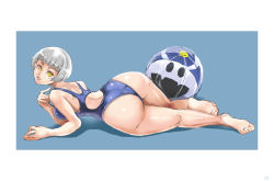 Rule 34 | 1girl, ass, ball, barefoot, beachball, blue background, bob cut, border, elizabeth (persona), feet, highres, huge ass, jack frost (megami tensei), legs, looking at viewer, lying, one-piece swimsuit, persona, persona 3, samidare satsuki, short hair, soles, solo, swimsuit, toes, white hair, wide hips, yellow eyes