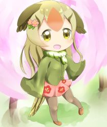 Rule 34 | 10s, 1girl, blush, cherry blossoms, chibi, feathered wings, flower, fur trim, green hair, hair flower, hair ornament, head wings, japanese bush warbler (kemono friends), k0s5tan4, kemono friends, long hair, multicolored hair, open mouth, pantyhose, red hair, scarf, solo, two-tone hair, wings, yellow eyes