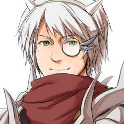 Rule 34 | 1boy, armor, assassin cross (ragnarok online), black shirt, brown hairband, closed mouth, commentary request, fake horns, green eyes, grey-framed eyewear, hairband, horns, looking at viewer, male focus, monocle, natsuya (kuttuki), pauldrons, ragnarok online, red scarf, scarf, shirt, short hair, shoulder armor, simple background, smile, solo, upper body, white background, white hair