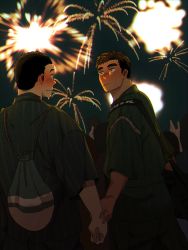 Rule 34 | 2boys, :/, aerial fireworks, bad id, bad twitter id, bag, black hair, blush, brown hair, dn dn, fireworks, highres, holding hands, imminent hand holding, japanese clothes, kimono, looking at another, male focus, multiple boys, night, original, sky, sweatdrop, yaoi
