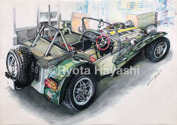 Rule 34 | artist name, car, caterham, caterham 7, chair, colored pencil (medium), dated, from behind, goggles, green car, hayashi ryouta, indoors, motor vehicle, no humans, original, quick release steering wheel, signature, spare tire, sports car, steering wheel, traditional media, vehicle focus, watermark, wheel