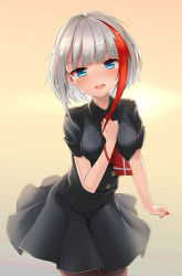 Rule 34 | 1girl, admiral graf spee (azur lane), admiral graf spee (girl&#039;s sunday) (azur lane), azur lane, black dress, black pantyhose, blue eyes, blunt bangs, blush, bracelet, breasts, clenched hand, collared dress, dress, highres, jewelry, looking at viewer, multicolored hair, nail polish, necktie, open mouth, osisio, pantyhose, red hair, red nails, red necktie, red scarf, scarf, short hair, short sleeves, sidelocks, silver hair, small breasts, solo, streaked hair, tearing up